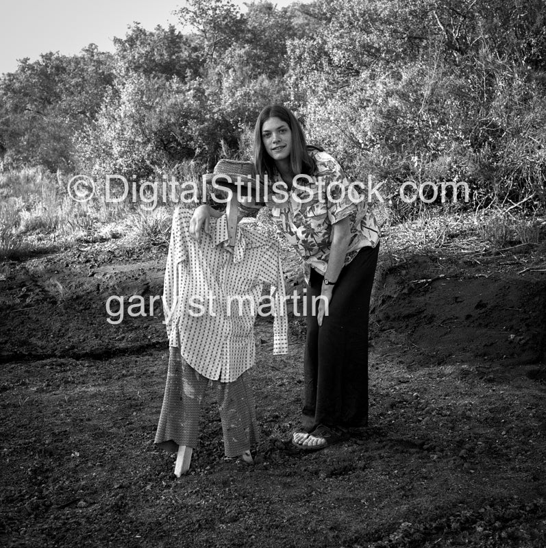 Ann Standing by The Scarecrow, Analog, Portrait, Women, Black & white