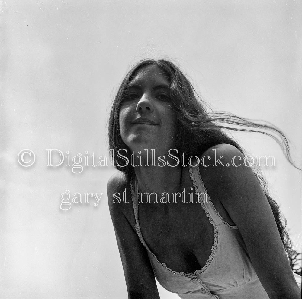 Kristy Leaning Forward Over Cloudy Sky Analog, Portraits, Women, B & W