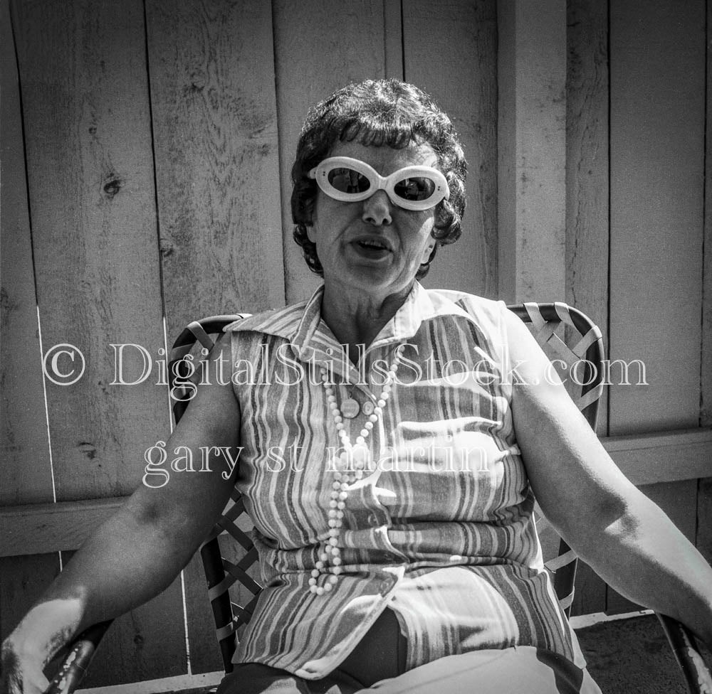 Ruth Sitting and Sporting Oval SunglassesAnalog, Portraits, Women, B & W