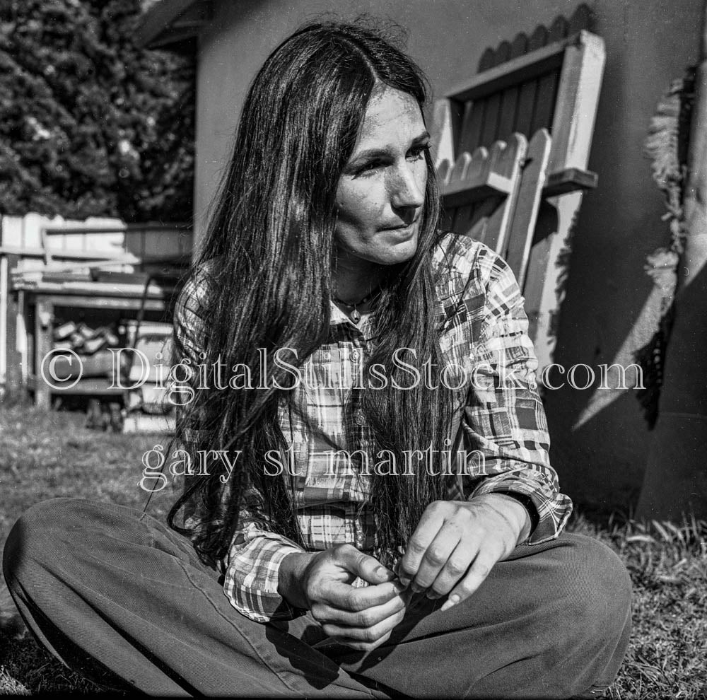 Bobbie, Legs Crossed in the BackyardAnalog, Portraits, Women, B & W