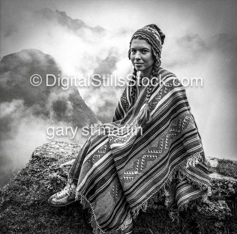 Portrait Caroline Sitting at Machu Picchu, Peru, Analog, Black & White, Portraits Women