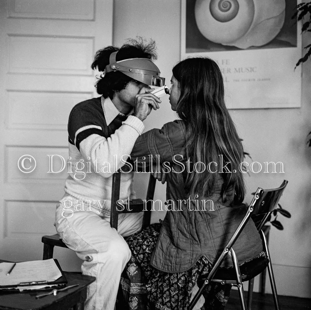 Caroline Getting Eye Examined Portrait V2 Analog, Portraits, Women, B & W