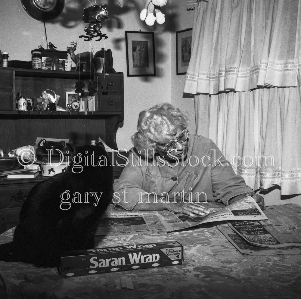 Nel Reading Newspaper with Black Cat Analog, Portraits, Women, B & W