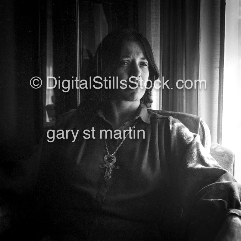 Healer, in between sessions, posed portrait, San Francisco, CA, analog, black & white, portrait