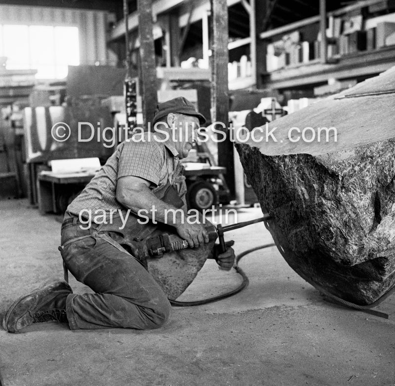 Gravestone Worker in Action, Analog, Portrait, Men, Black & White