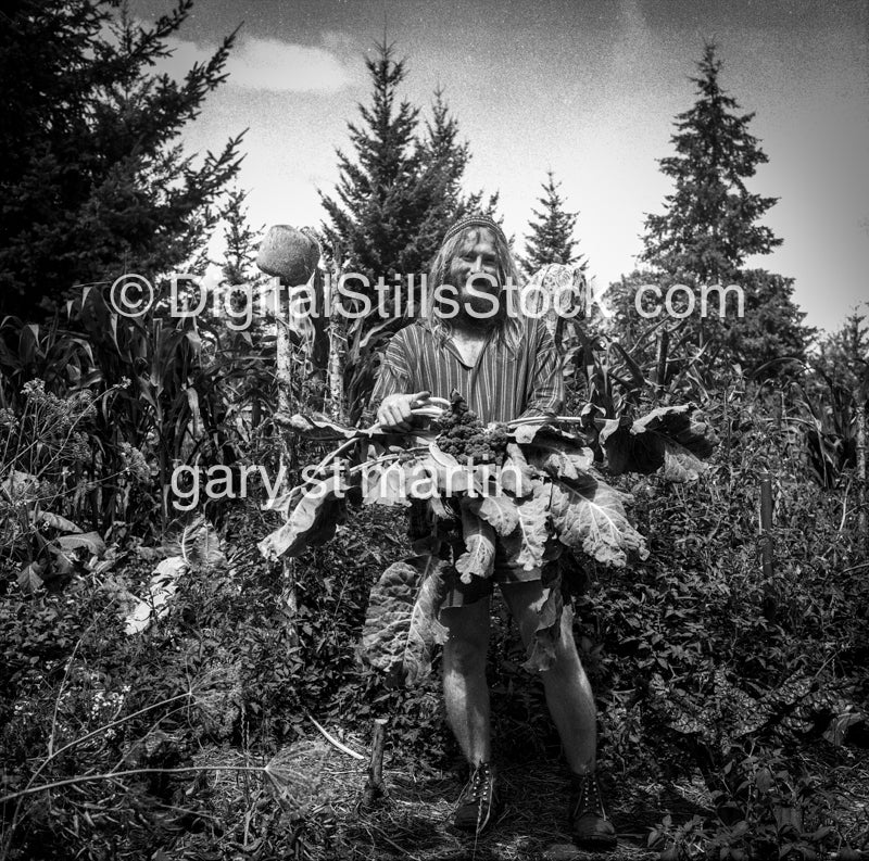 Bryce Holding a Stock of Broccoli, Analog, Portrait, Men, Black & White