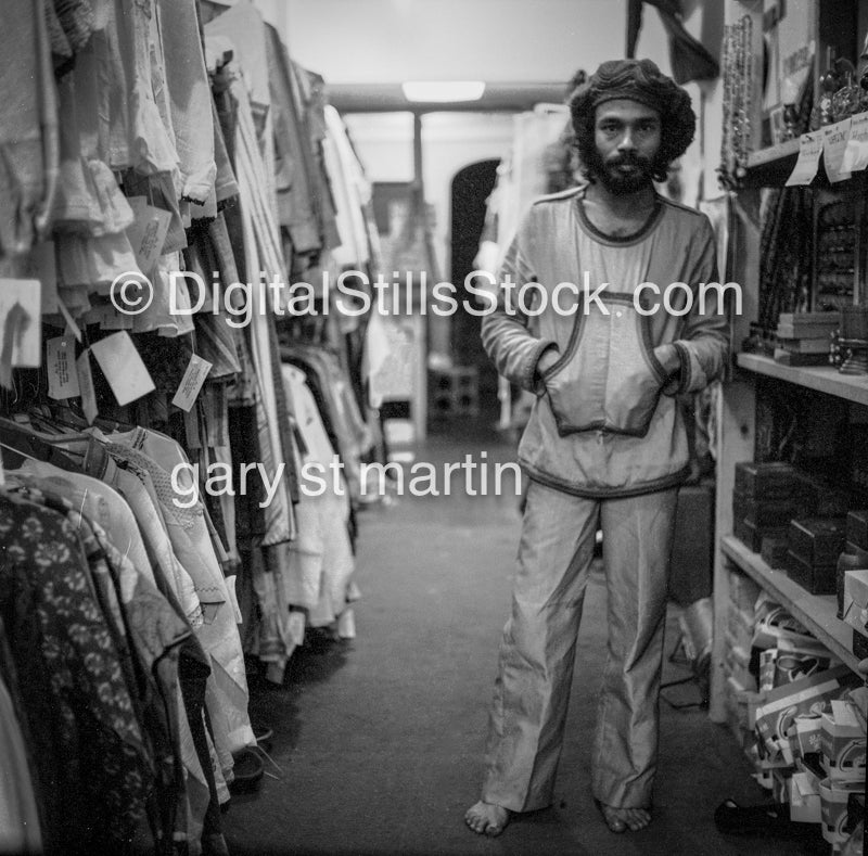 Lazar Standing in Clothes Store V.2, Analog, Portraits, Men, Black and White