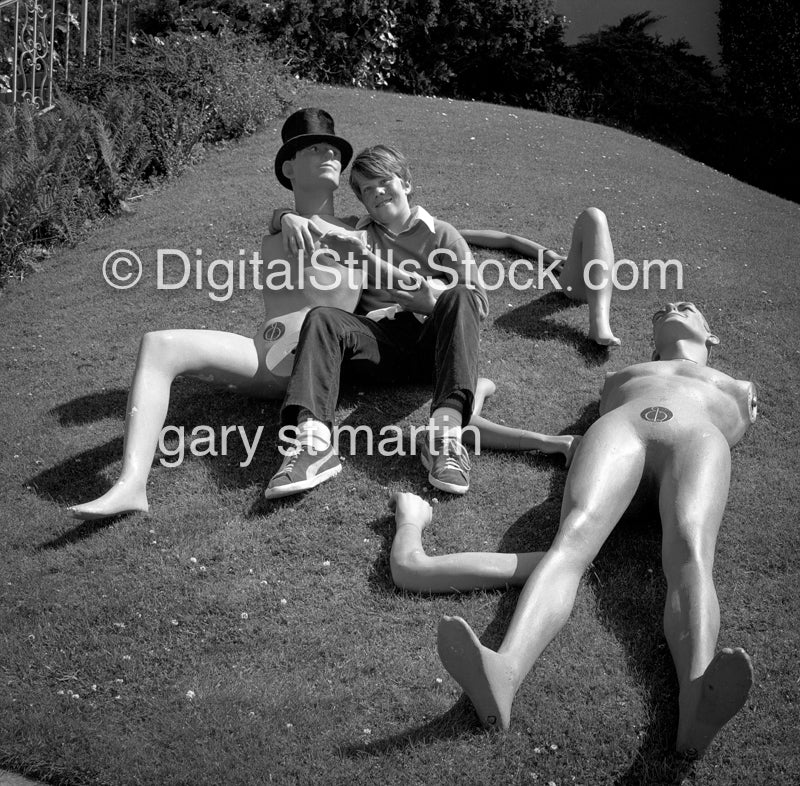 Young Boy with Mannequin Props, Analog, Portraits, Men, Black and White