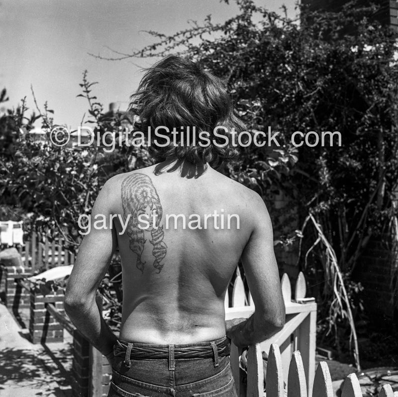 Russell Clark, AKA (Sap) showing his Back Tattoo, Analog, People, Men, B&W
