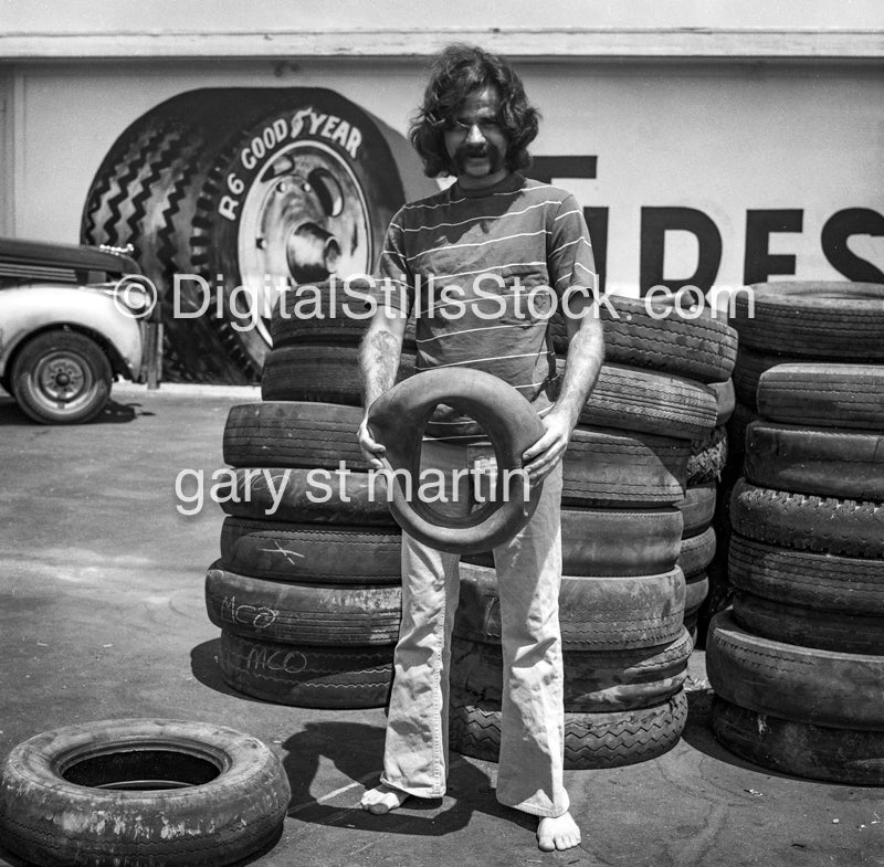 Russel Clark (AKA Sap) Holding a Tire, Analog, Portraits, Men, Black and White