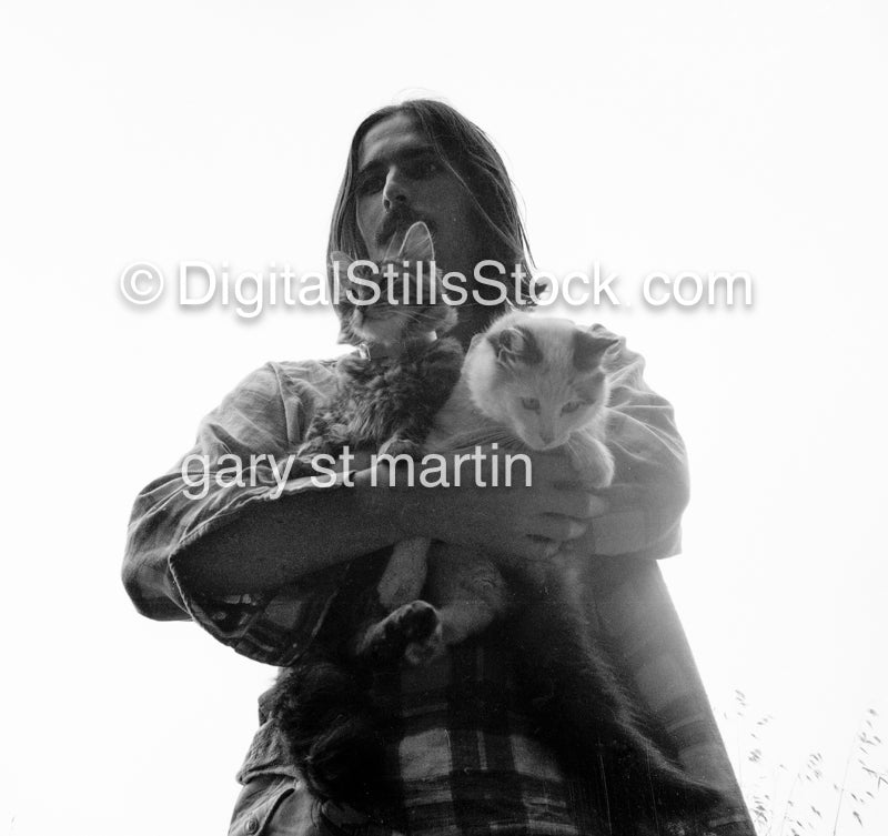 2 Cats in my arms - Self Portrait, Costa Mesa 1973 Analog, Portrait, Men, Black & White