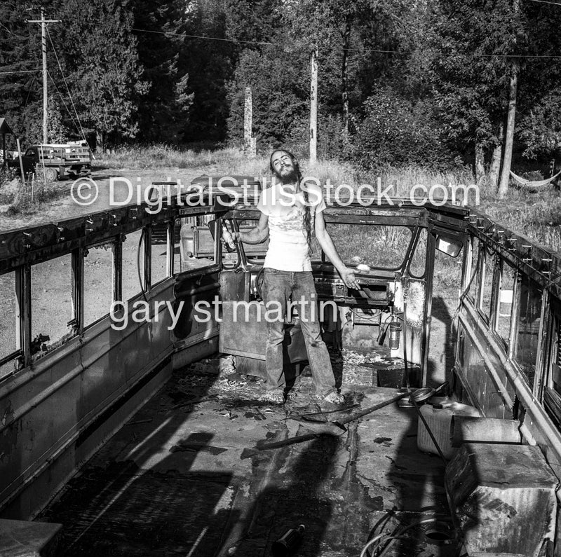 Gary Jenson in Abandoned Bus Analog, Portrait, Men, Black & White