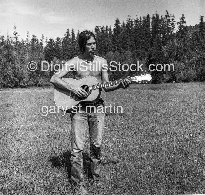 Chris Playing the Guitar Outside Analog, Portrait, Men, Black & White