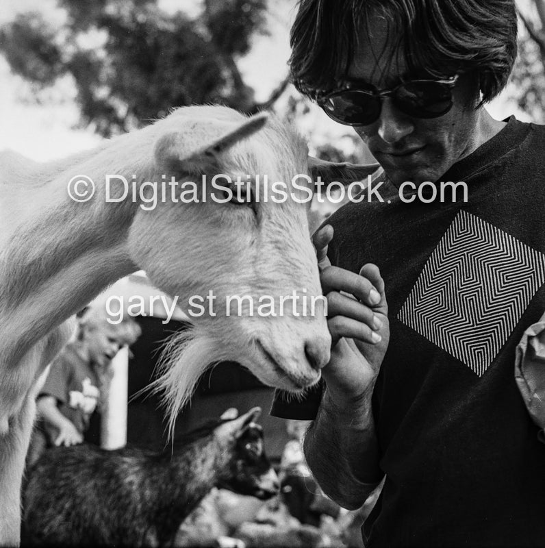 Chris Moses and Goat at San Diego Zoo Analog, Portrait, Men, Black & White