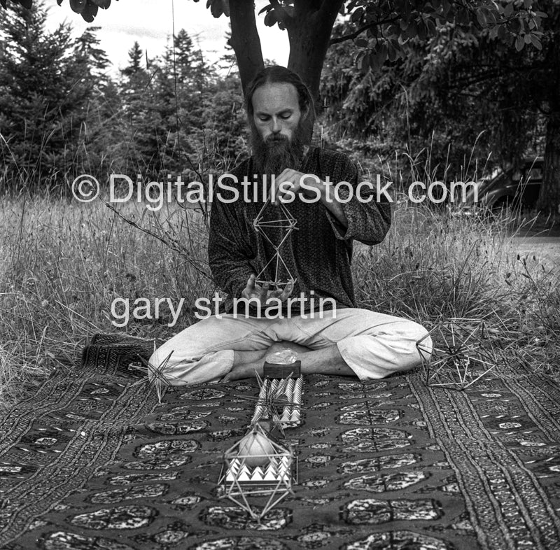 Peter (AKA Ramakasha) Sitting In the Field Holding Pyramids V3, Analog, Black & White, Portraits, Men