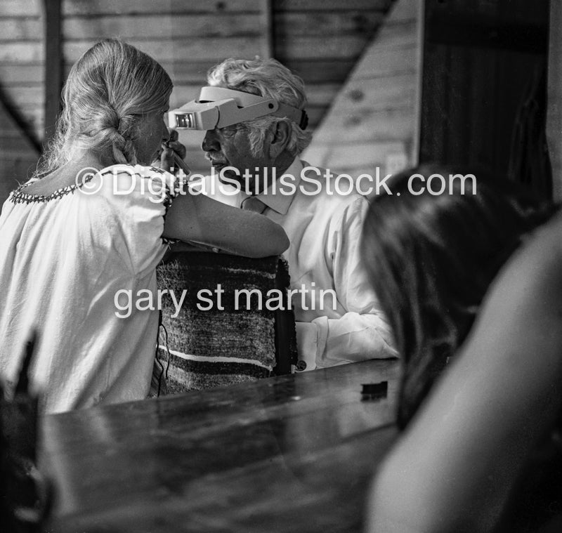iridologist Dr. Christopher and patient, analog, black and white, portraits, groups
