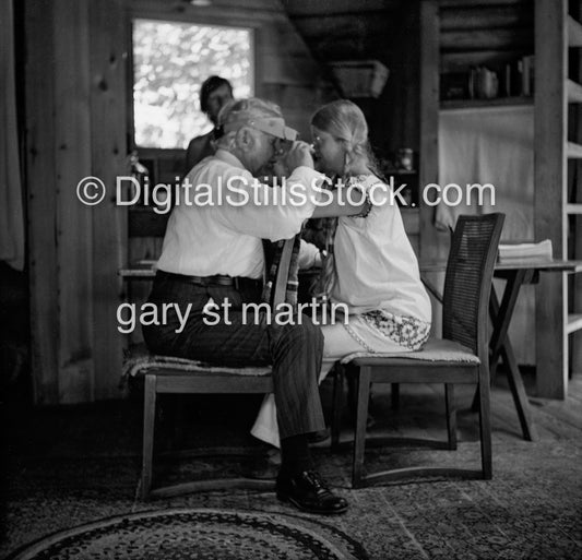 Iridologist Dr. Christopher and patient Side View,  analog, portraits, group, black and white