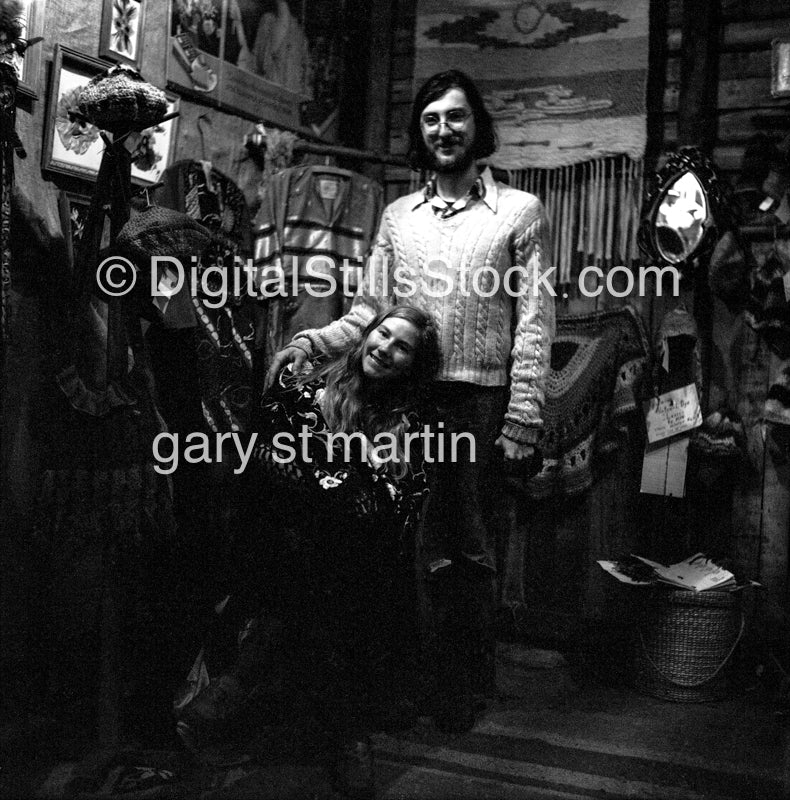 Mimi And Husband In The Shop Smilingcanalog, black and white, portraits, groups