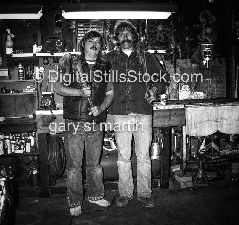 Mike Dowell and Wayne in Garage, black and white analog groups