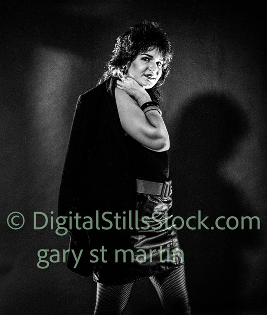 Elaine, Side View, Smiling Holding Jacket Portrait, analog, black and white, clubland