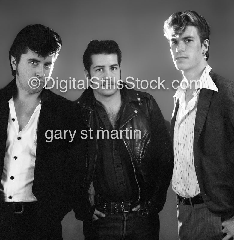 Medium shot 3 Band Members, Analog, Black & White, 80s rock