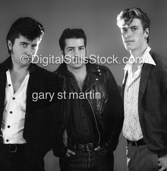 Medium shot 3 Band Members, Analog, Black & White, 80s rock