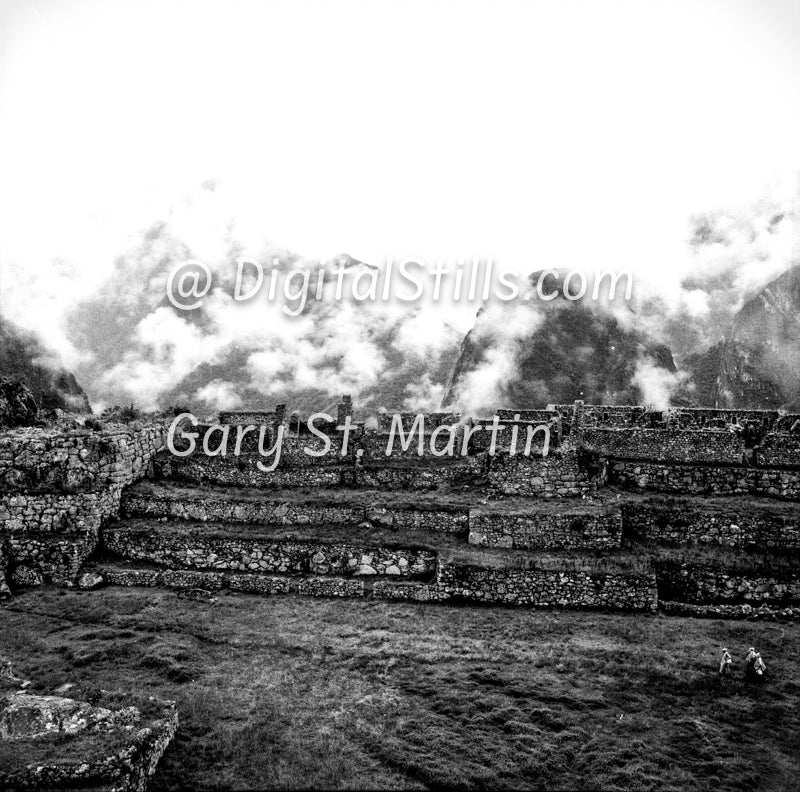 Terraced, Machu Picchu, wide view, analog, black and white, Peru