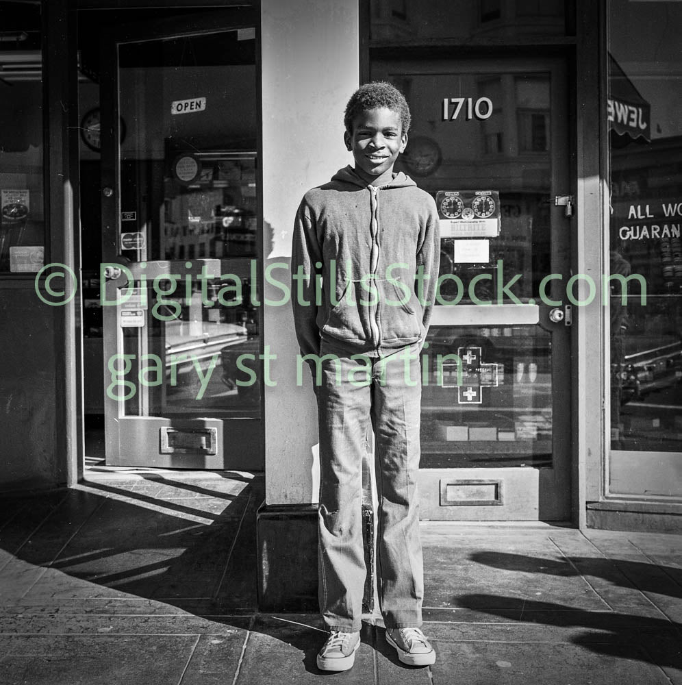Boy Posing Ahead of Shoe Store, Polk St., Analog, B & W