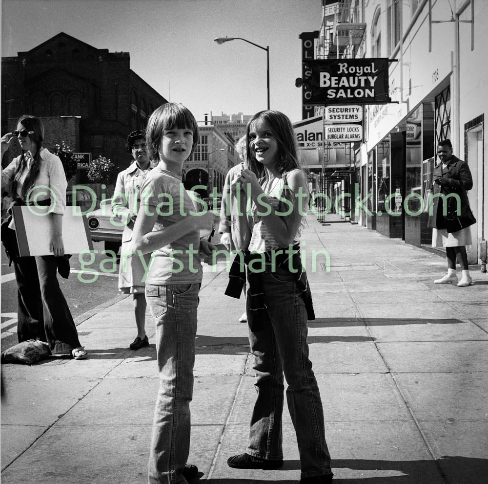Two Kids Meandering Along Polk St., polk St., Analog, Black and White
