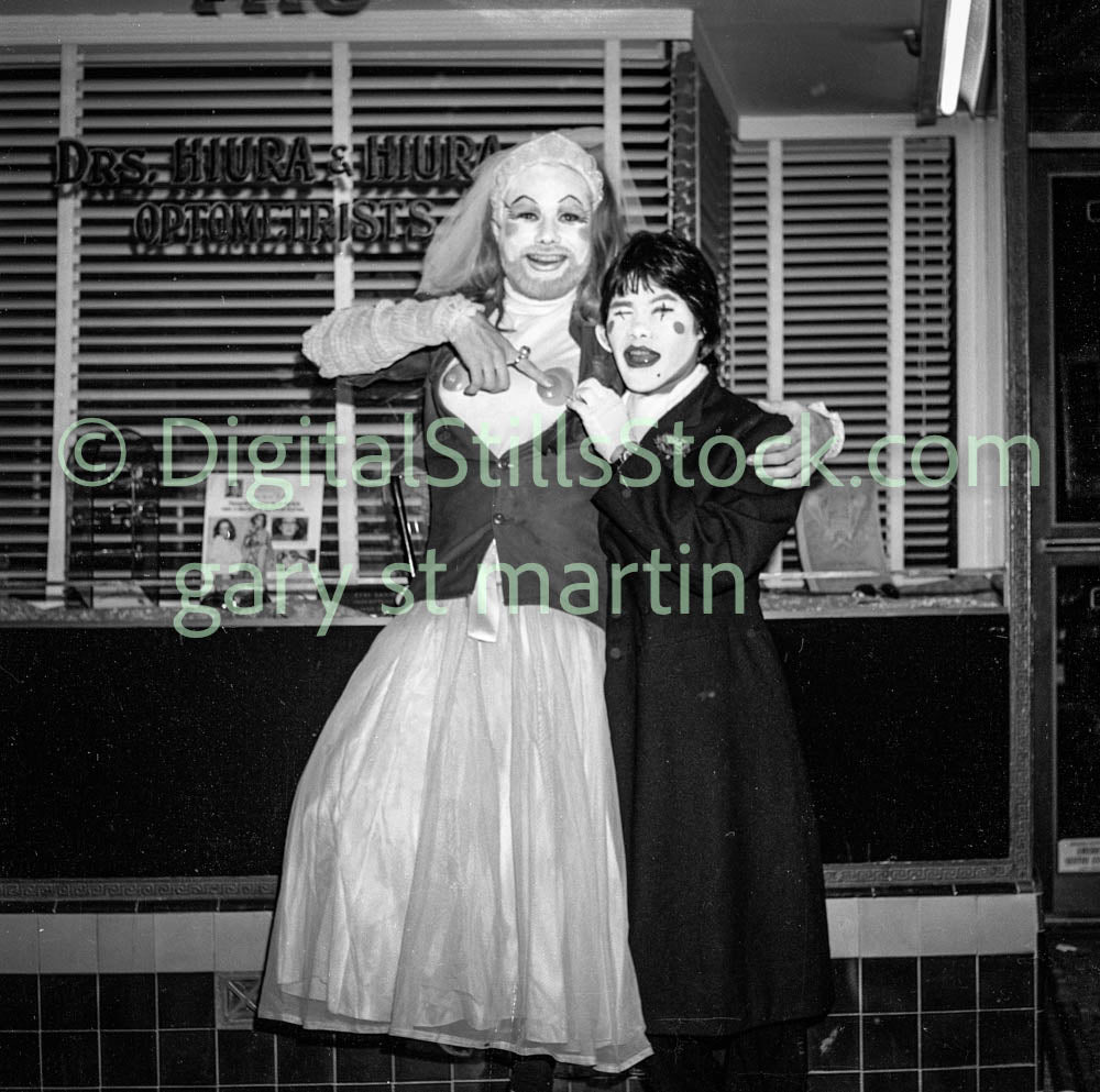 Duo in Halloween Costumes, Polk St. B& W, Analog