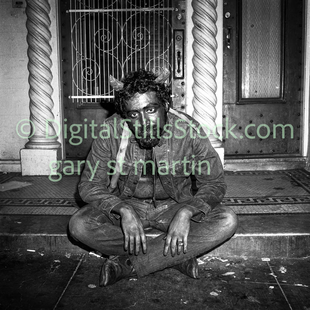 Halloween Devil Man Sitting on Steps, Polk St., Analog, B & W