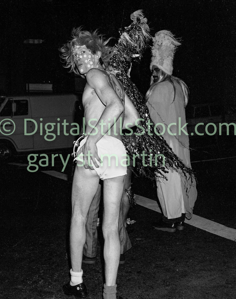 Halloween undressed man Walking Along Polk St., Analog, B & W