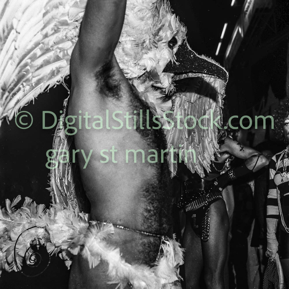 Bird Head Costume Close Up, Analog, Polk St., B & W