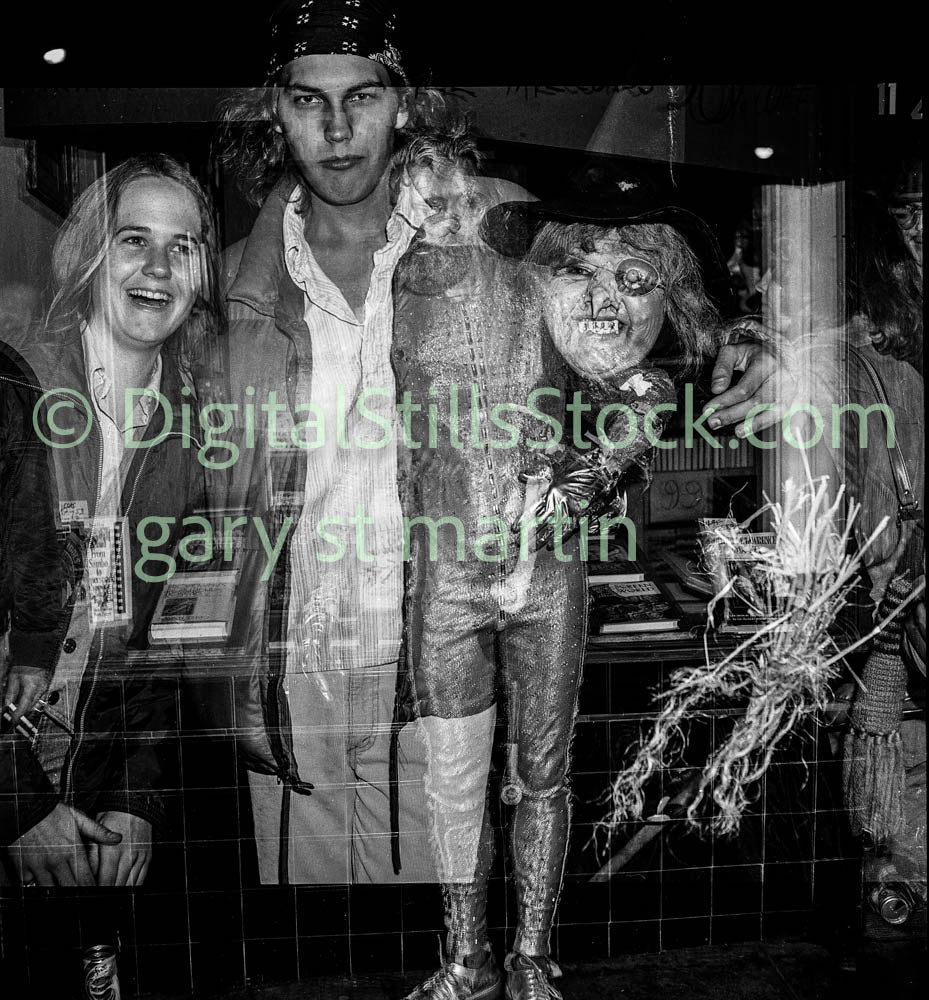 Halloween Costume Groups Double Exposure, Polk St., B& W, Analog