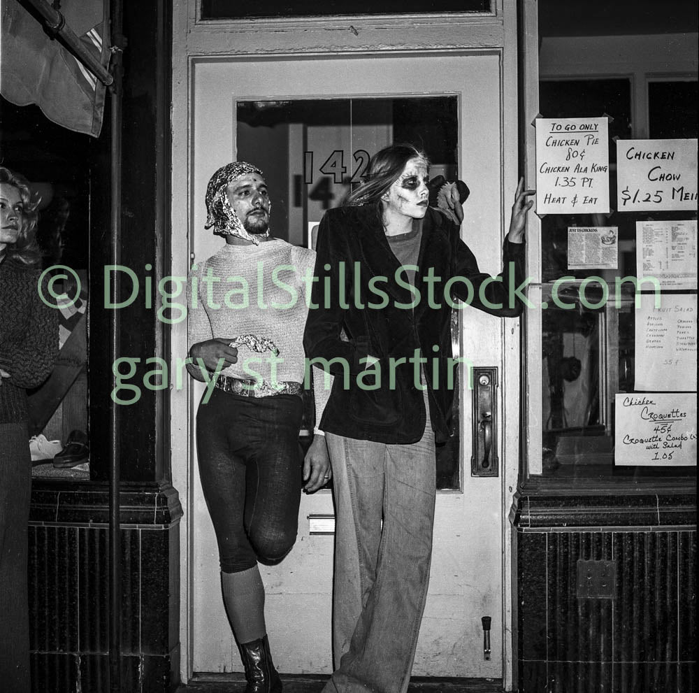 Halloween Costume Frankenstein and Friend Along Polk St., Analog, B & W, Polk St.