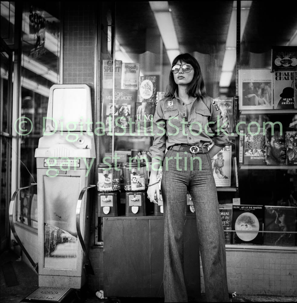 Woman in Bell Bottoms by Shop, Polk St., Analog, B & W