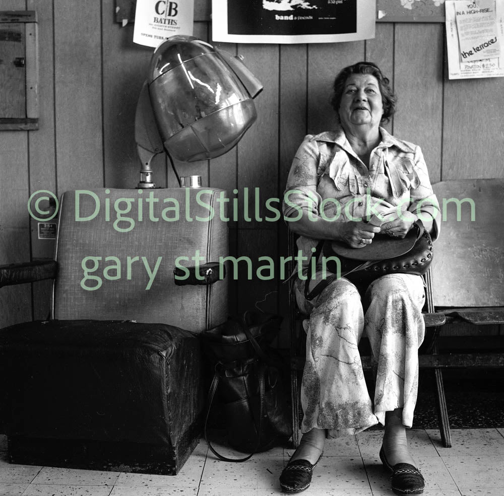 Woman in Hair Salon Chair, Analog, B & W, Polk St.