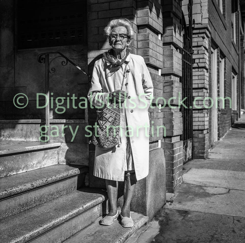Elderly Woman Leaning on Pillar, Analog, B & W, Polk St.