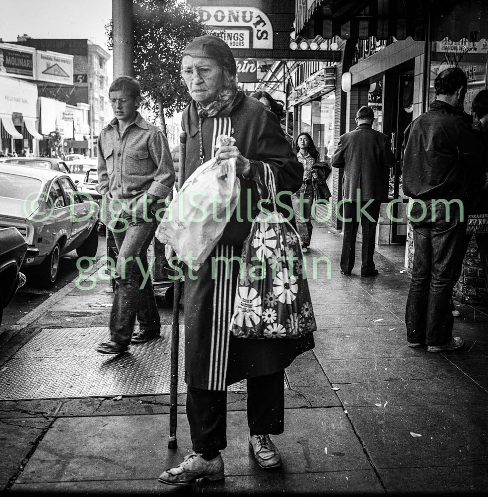 Woman with Cane and Crowd by Donut Shop, Analog, B & W, Polk St.
