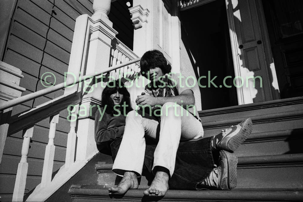 Two Friends on the Steps, B & W, Analog, Polk St.