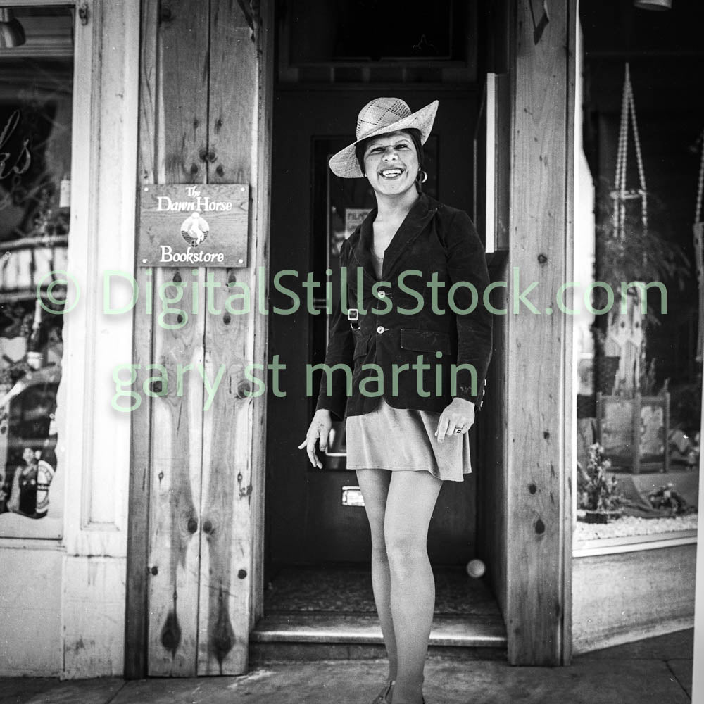 Woman with Hat in Front of Bookstore, Polk St., Analog, B & W