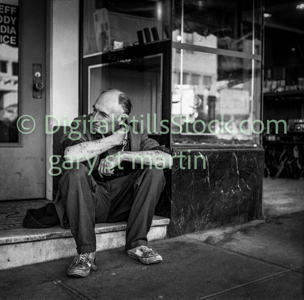 Man Sitting on Steps Thinking, Polk St., Analog, B & W