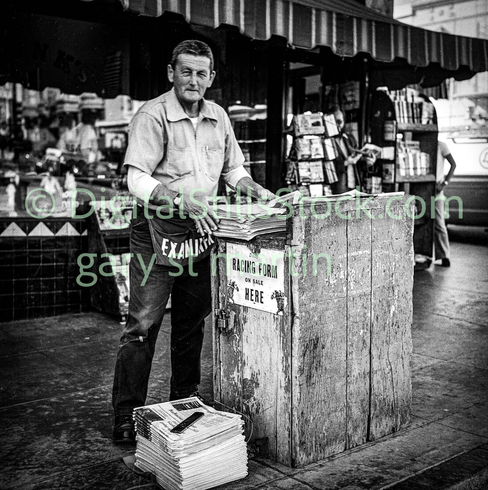 Worker at Racing Stand, B & W, Analog, Polk St.