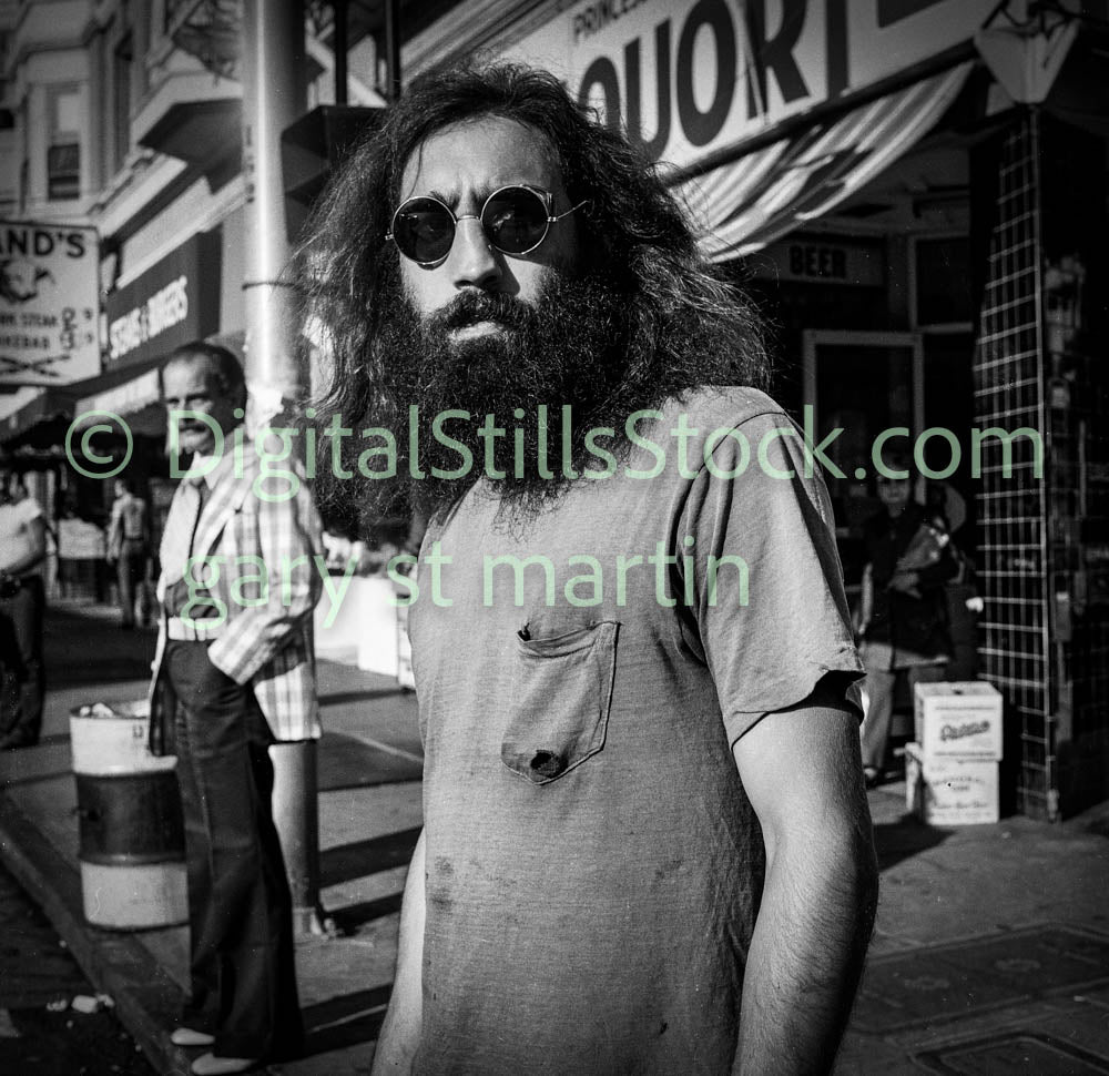 Man with Circle Shades on Polk, B & W, Polk St., Analog,
