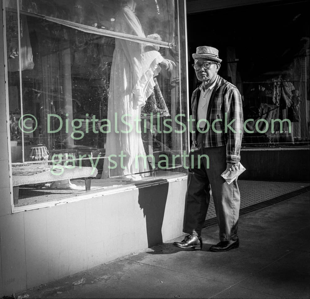 Man Posing in Front of Clothing Store, Analog, Polk St., B & W
