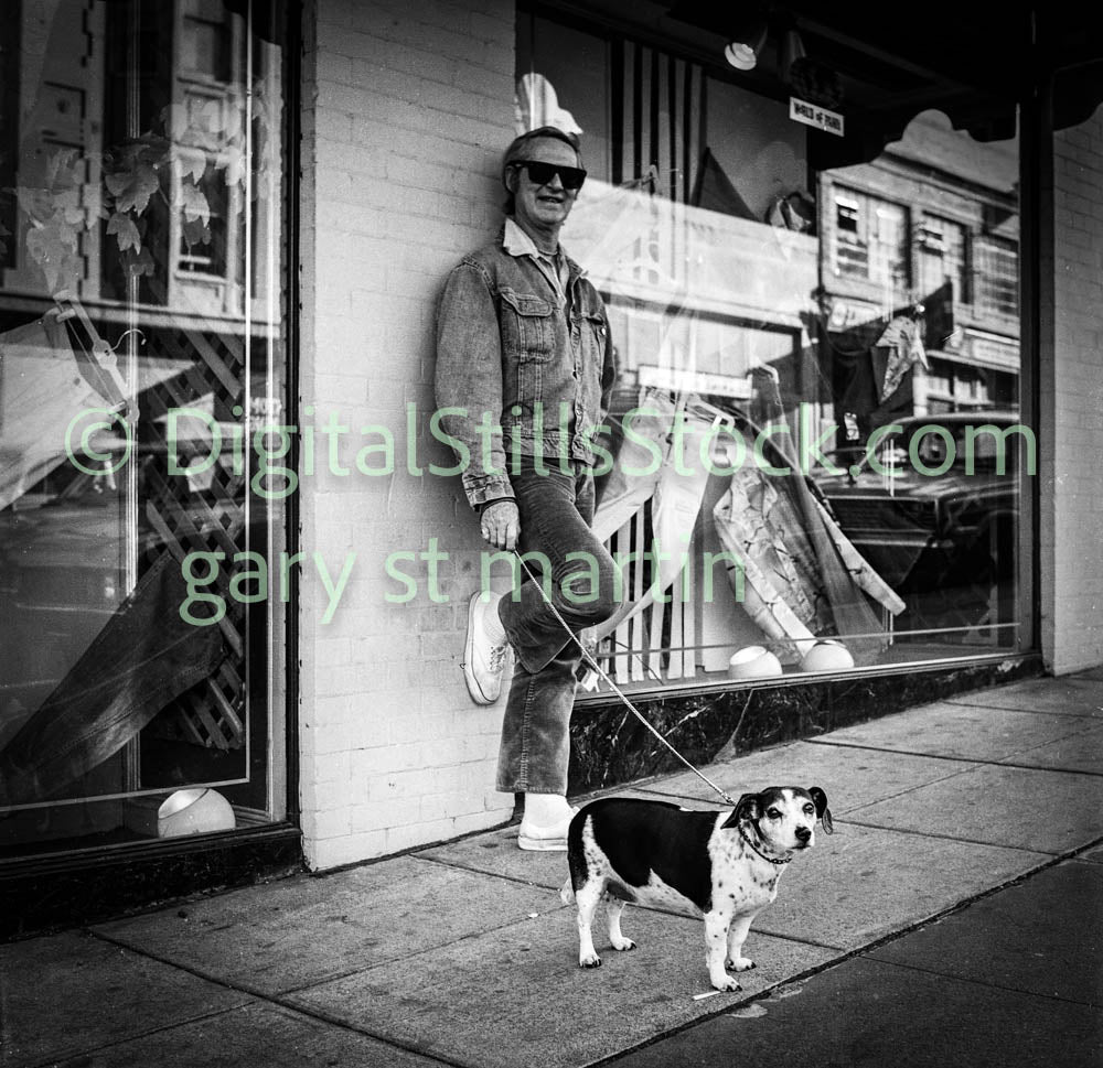 Man in Shades with Pet Dog, Analog, B & W, Polk St.