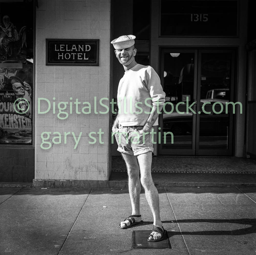 Man in Sailor Hat by The Leland Hotel, Polk St., Analog, B & W