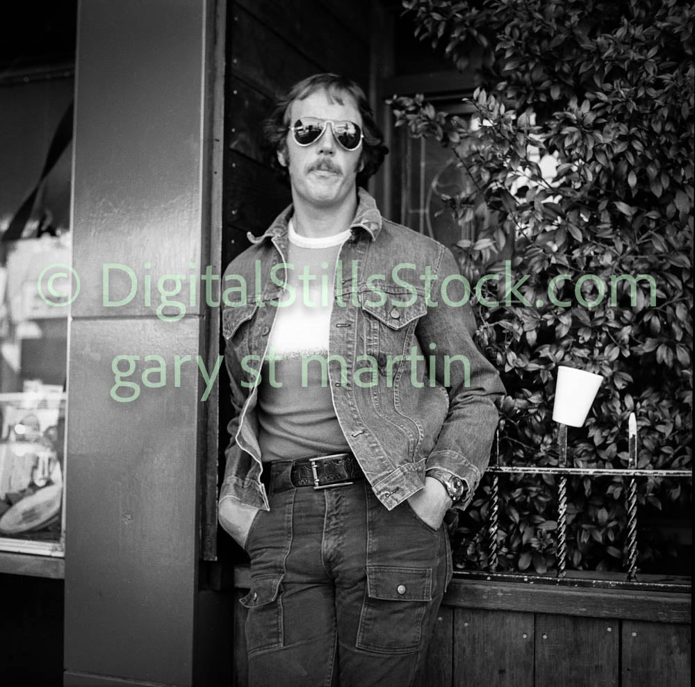 Man in Shades with Hands in Pockets, polk St., B & W, Analog