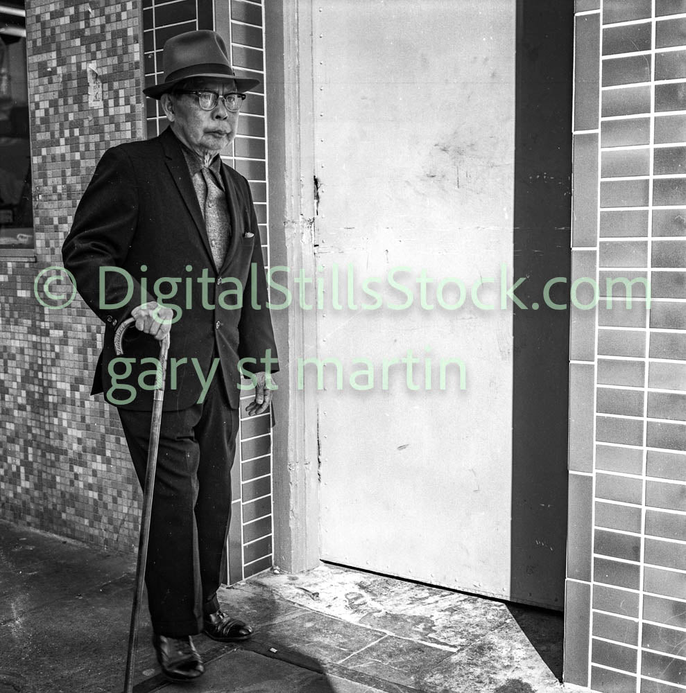 Older Man with Cane Wearing Fedora, B & W, Analog, Polk St.