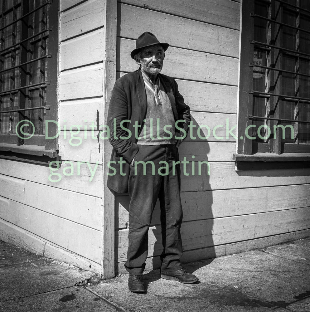 Man Wearing Fedora with Hands in Pockets, Analog, Polk St., B & W